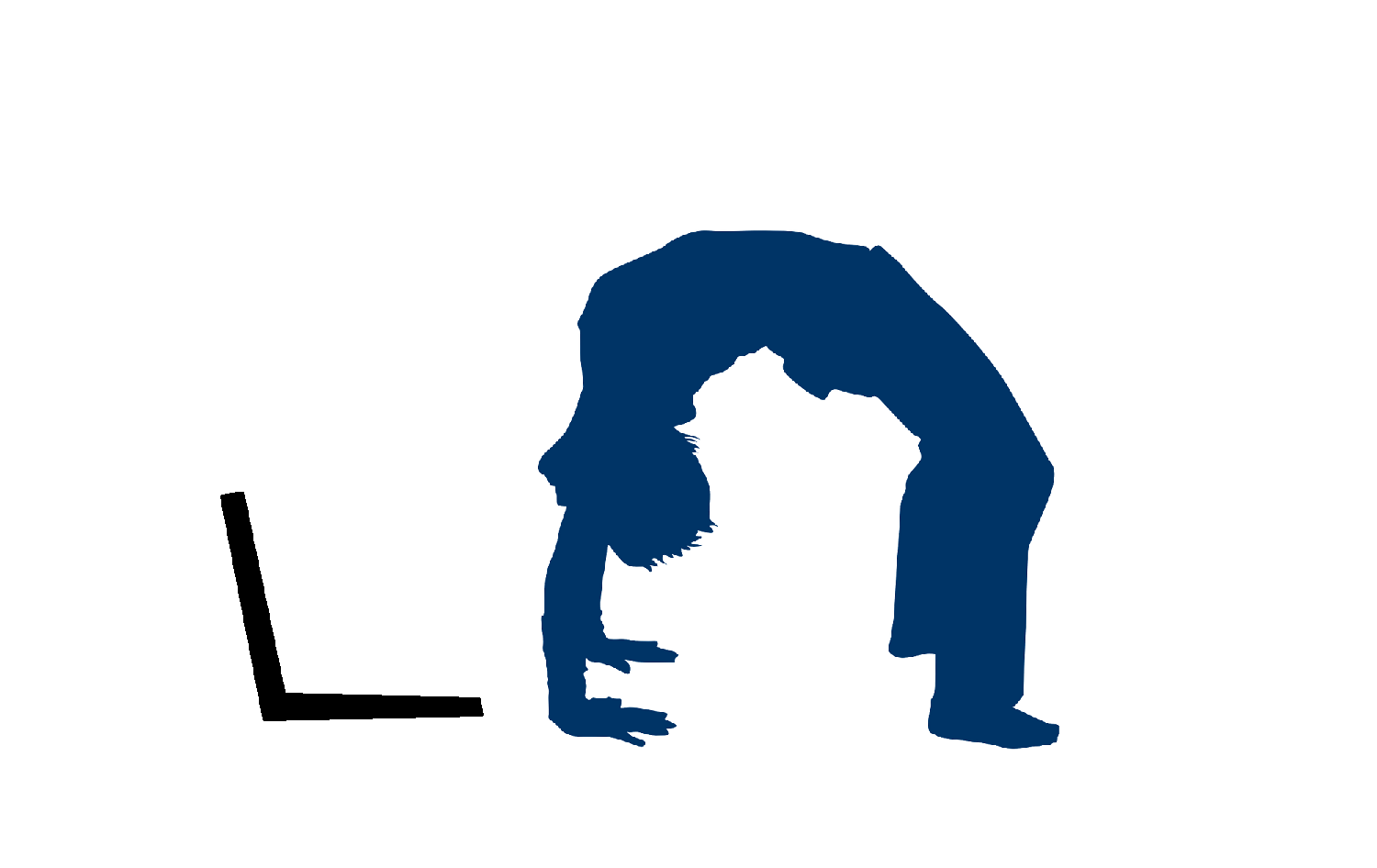 a woman doing a backflip with a laptop facing her