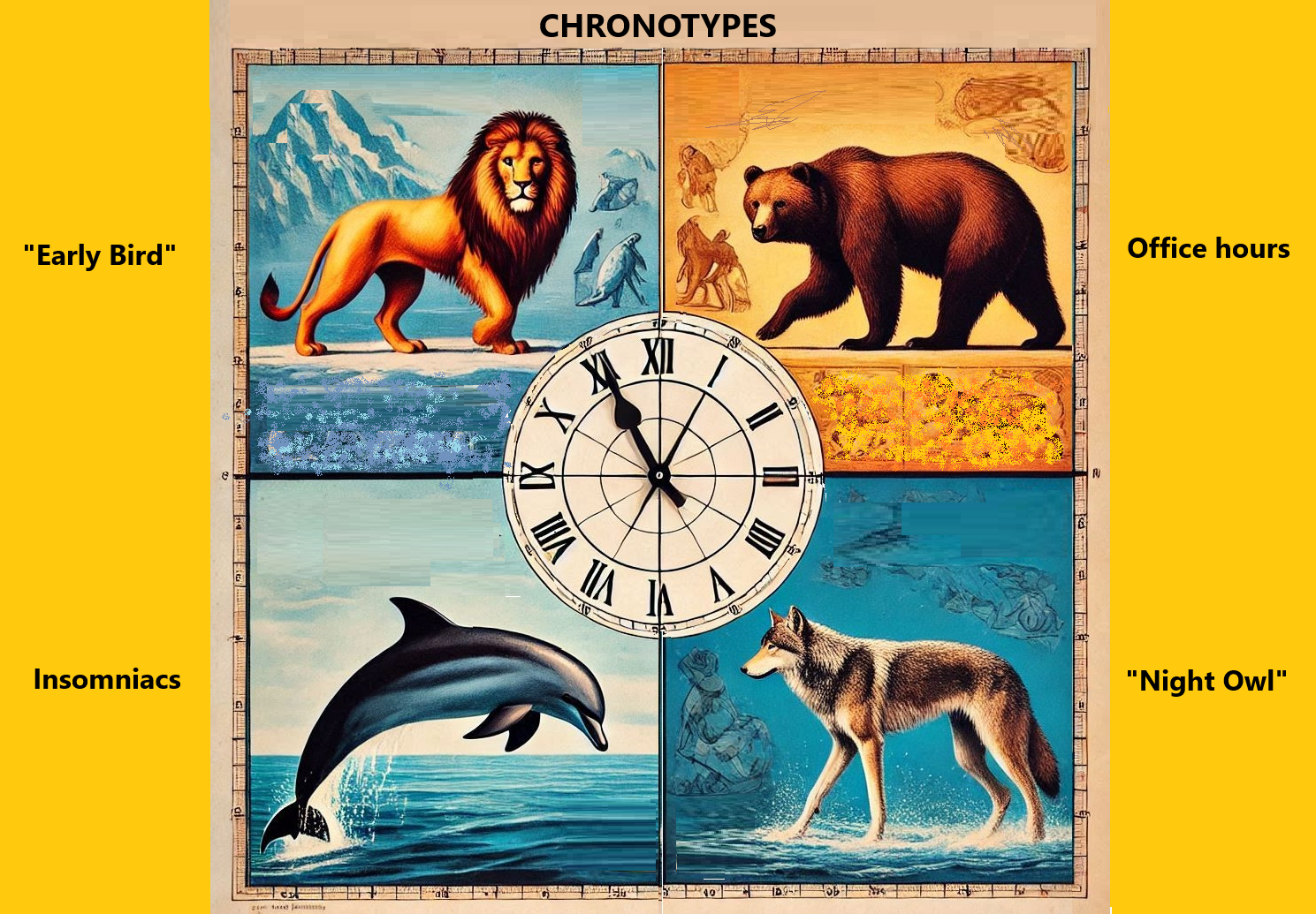 A clock in the centrewith a Lion, a bear, a wolf and a dolphin placed around the clock.