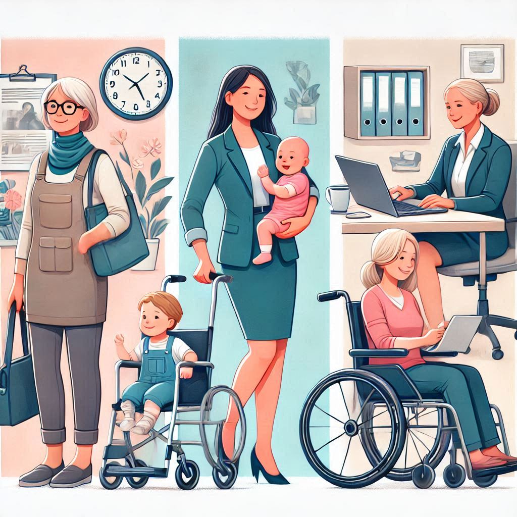 A smartly dressed woman holding a baby, a woman in a wheelchair, and older woman working at a desk.