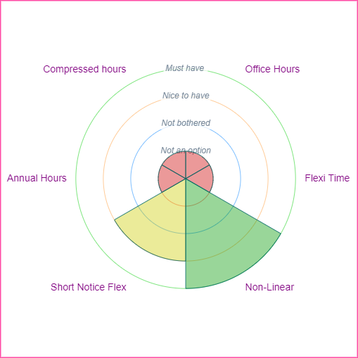 Thumbnail Image of a a radar chart showing which types of flexible working Kim specified.