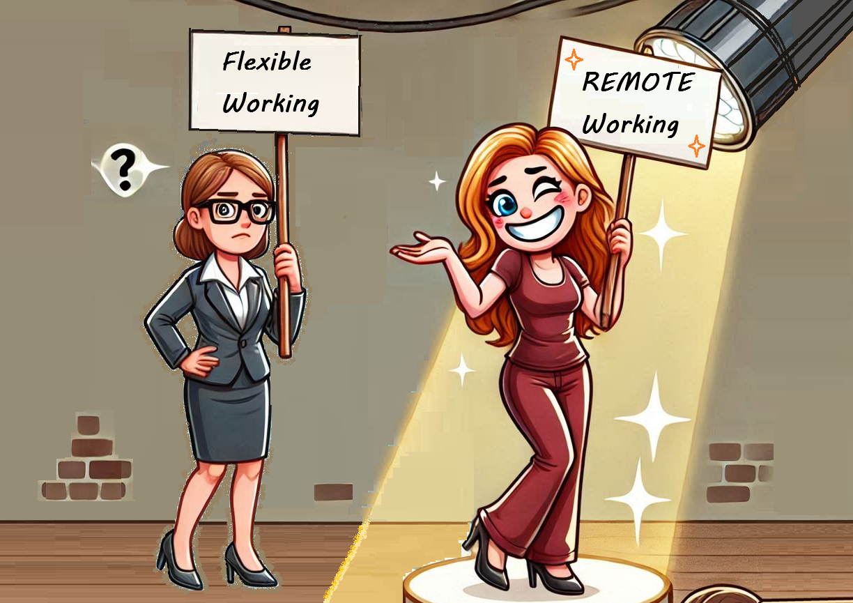 A woman standing in the spotlight holding a placard saying 'remote working' whilst another smartly dressed woman stands in the background looking and holding a placard saying 'flexible working'.