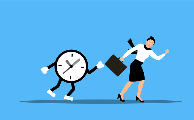 a business woman waving and heading to the door whilst being chased by a clock.